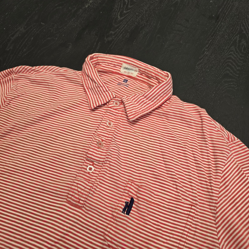 Johnnie-O Mens Striped Polo Shirt Red White Cotton Short Sleeve Surfer Logo M
